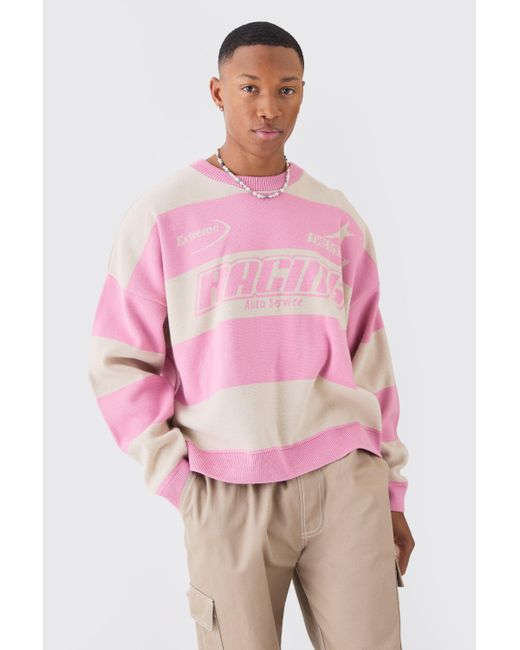 BoohooMAN Pink Oversized Boxy Drop Shoulder Moto Knit Jumper for men