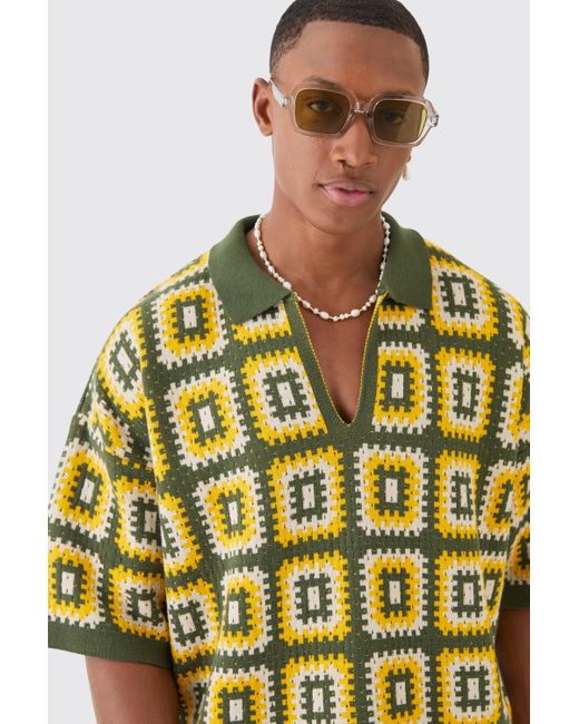 BoohooMAN Yellow Oversized Boxy Crochet Knitted Polo for men