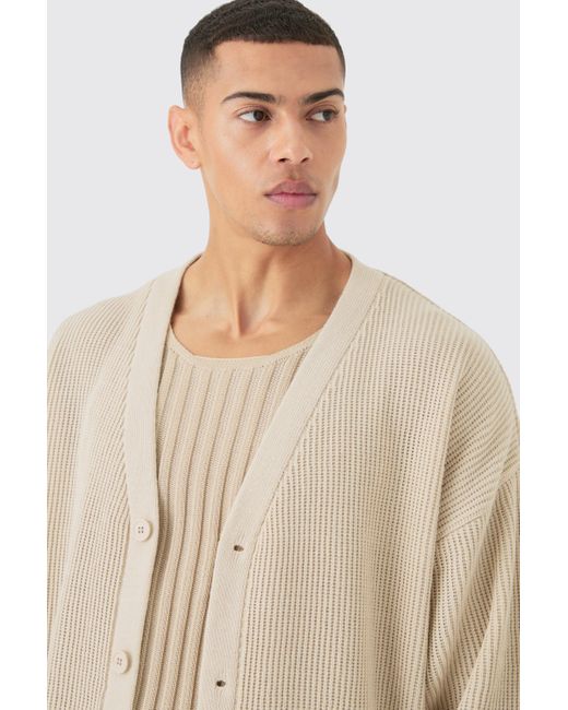BoohooMAN Boxy Oversized Ribbed Knit Cardigan in Natural für Herren