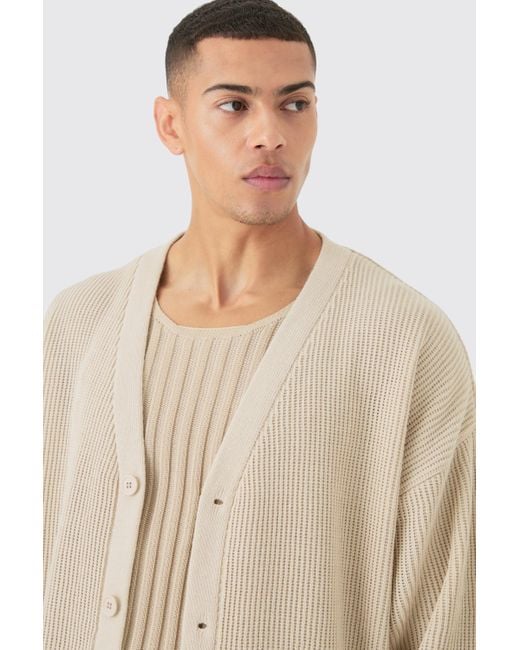 BoohooMAN Natural Boxy Oversized Ribbed Knit Cardigan for men