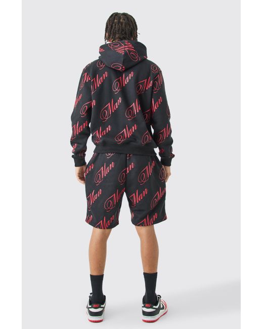 BoohooMAN Blue Script All Over Print Boxy Hooded Short Tracksuit for men