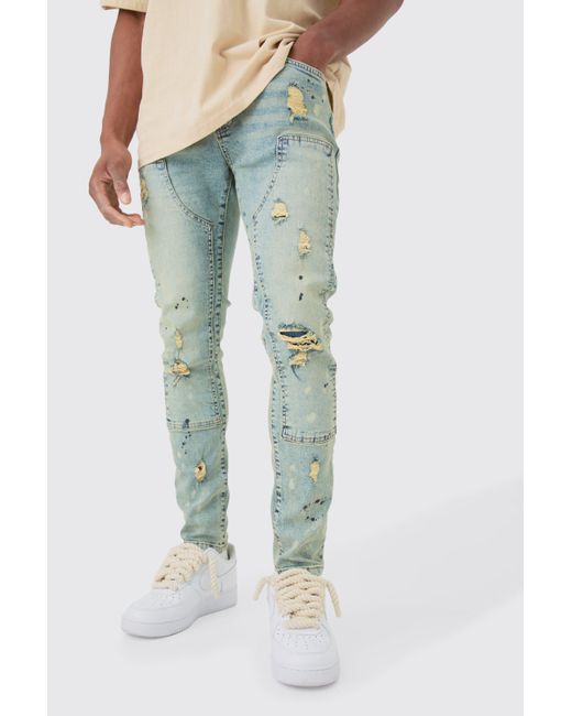 BoohooMAN Skinny Stretch Ripped Carpenter Jeans In Antique Blue for men