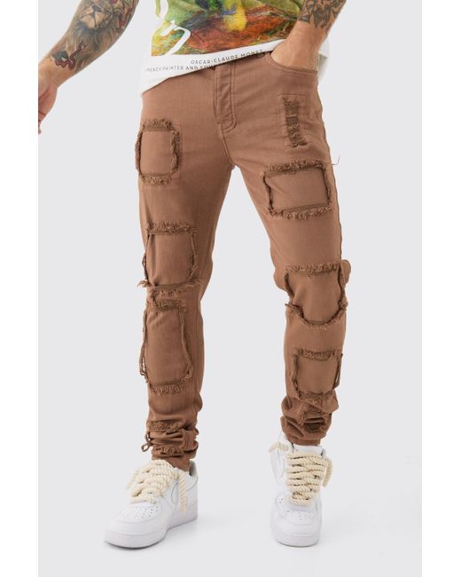 BoohooMAN Multicolor Skinny Stretch Distressed Rip & Repair Jeans In Stone Wash for men
