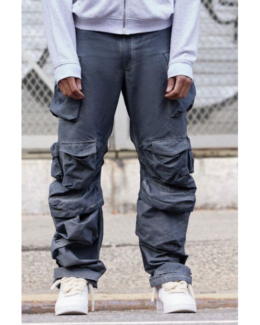 BoohooMAN Blue Parachute Multi Pocket Fixed Waist Trouser for men