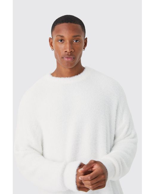 BoohooMAN Flauschiger Oversize Rundhals-Pullover in White für Herren