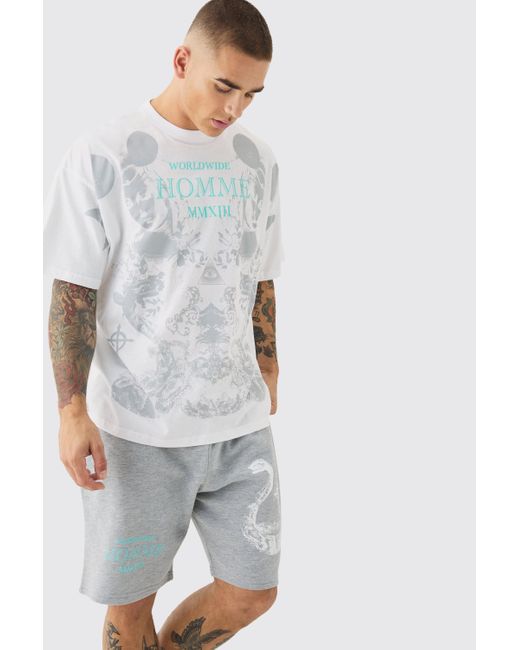BoohooMAN Gray Oversized Extended Neck Moon Large Graphic Shorts Set for men