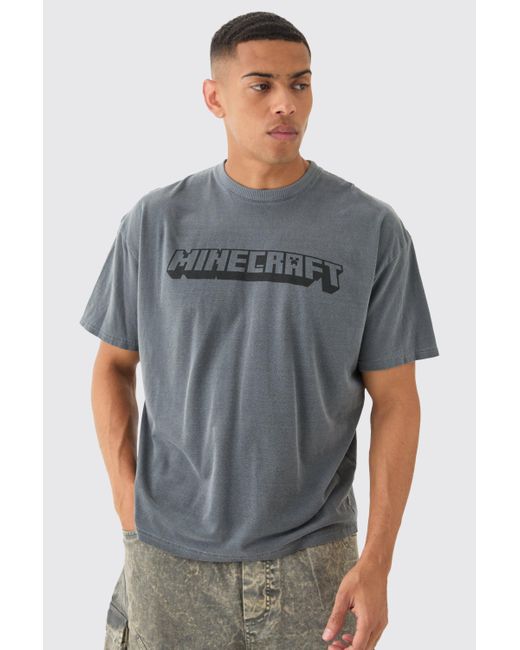 BoohooMAN Gray Oversized Minecraft Gaming Wash License T-shirt for men