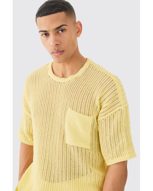 BoohooMAN Oversized Open Stitch T-shirt With Pocket In Yellow for men