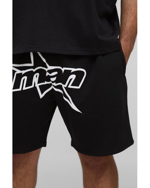 BoohooMAN Plus lockere Jersey-Shorts mit Man Stern Print in Black für Herren