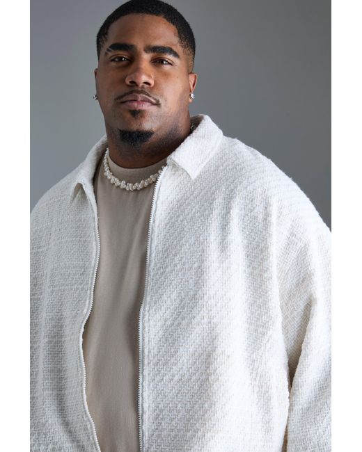 BoohooMAN Gray Plus Oversized Boxy Boucle Zip Through Jacket for men