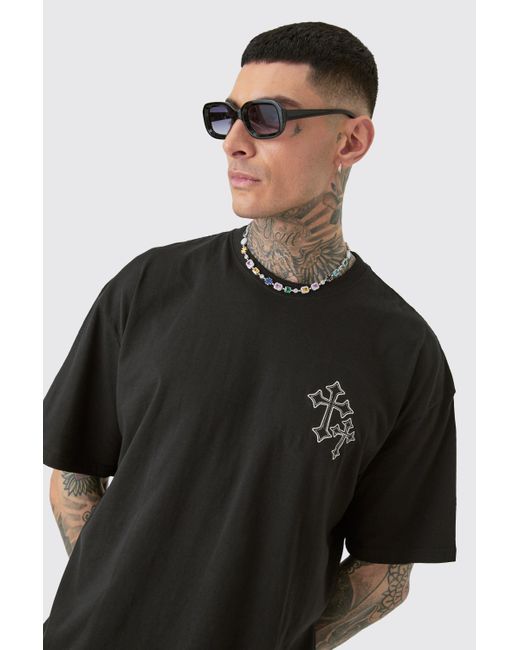 BoohooMAN Tall Oversized Cross Embroidered T-shirt In Black for men