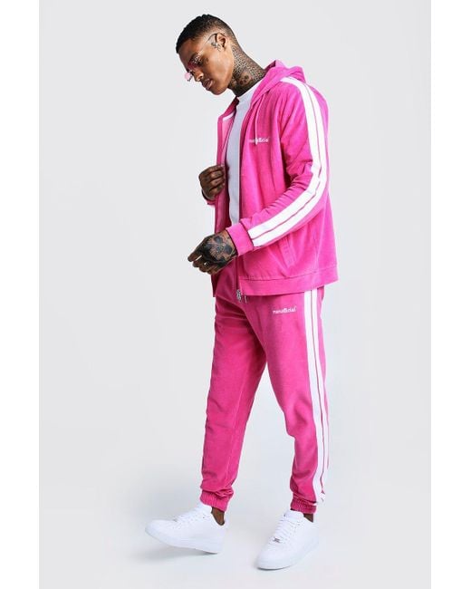 BoohooMAN Man Official Velour Tracksuit With Side Tape in Pink for Men |  Lyst UK