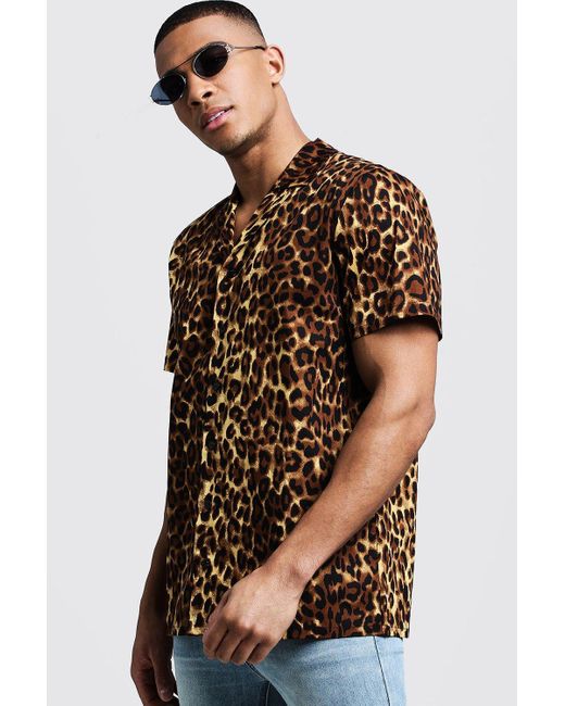 BoohooMAN Leopard Print Oversized Short Sleeve Revere Shirt in Brown for  Men | Lyst