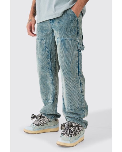 BoohooMAN Blue Baggy Carpenter Acid Wash Cord Trouser In Navy for men