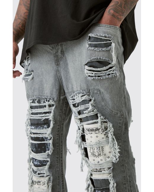 BoohooMAN Gray Plus Slim Rigid Flare Rip & Repair Applique Jeans for men