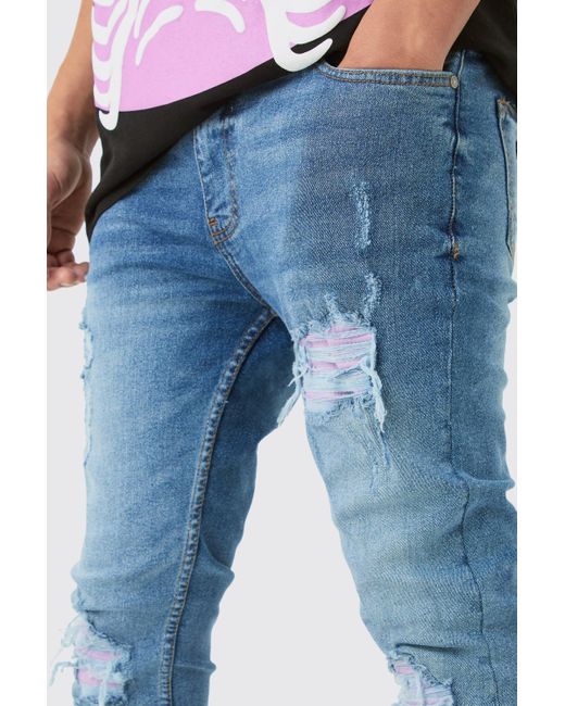 BoohooMAN Blue Skinny Stretch Lilac Pu Biker Rip & Repair Jeans for men