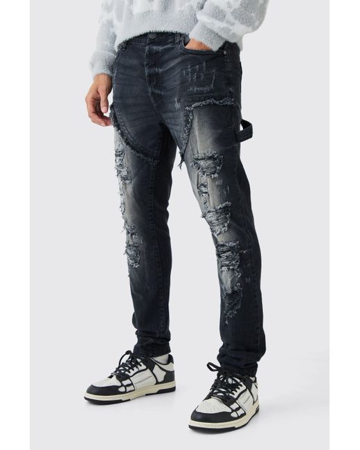 BoohooMAN Blue Skinny Stretch Multi Rip Carpenter Jeans In Washed Black for men