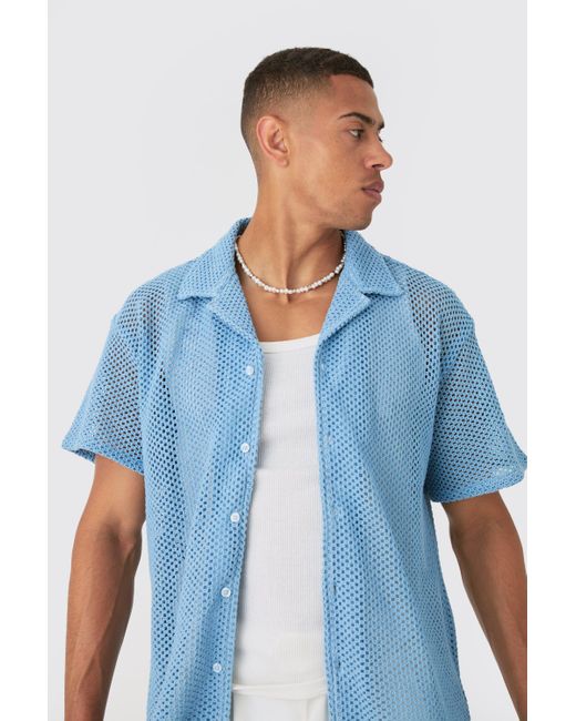BoohooMAN Blue Boxy Open Stitch Shirt for men