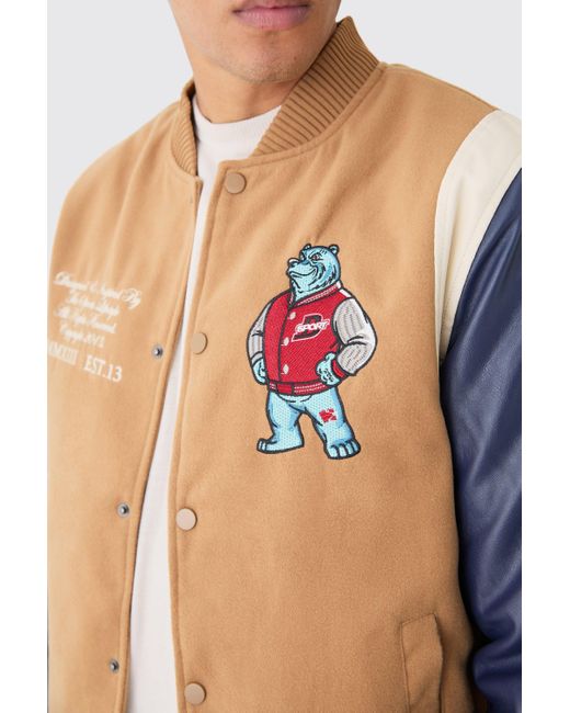 BoohooMAN Gray Melton & Pu Bear Badge Varsity Jacket for men