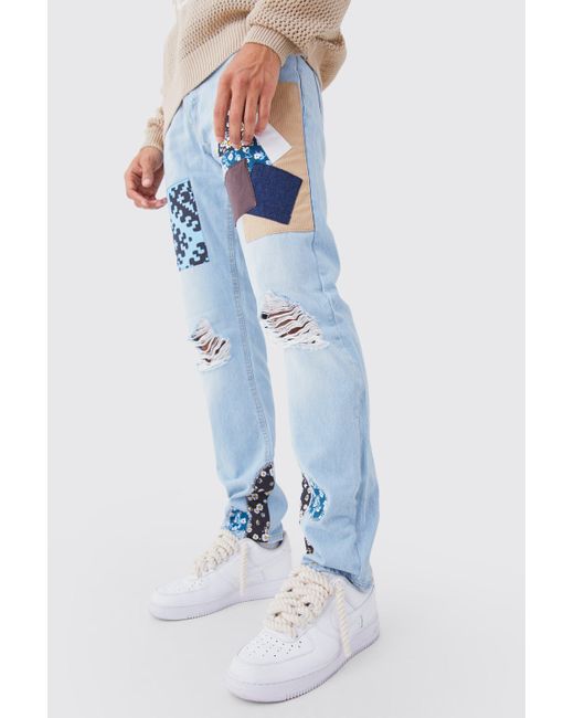 BoohooMAN Blue Relaxed Fit Mix Print Patchwork Jeans for men