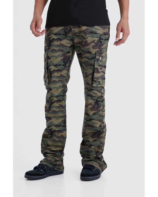 BoohooMAN Black Tall Slim Stacked Zip Gusset Cargo Camo Ripstop Trouser for men
