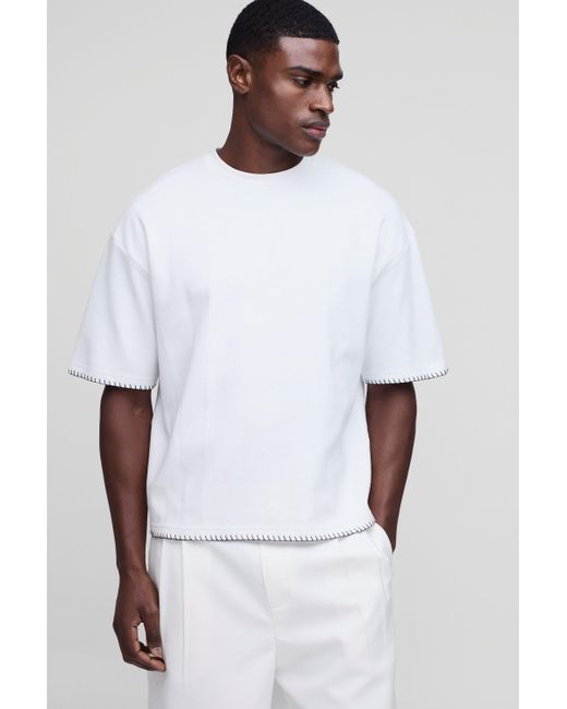 Camiseta Oversize Recta Con Costuras Entrelazadas Boohoo de color White