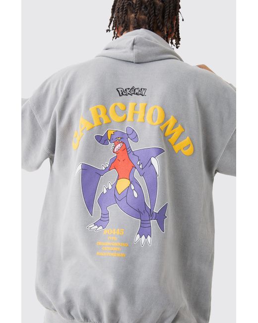 BoohooMAN Gray Oversized Washed Pokemon Garchomp License Hoodie for men