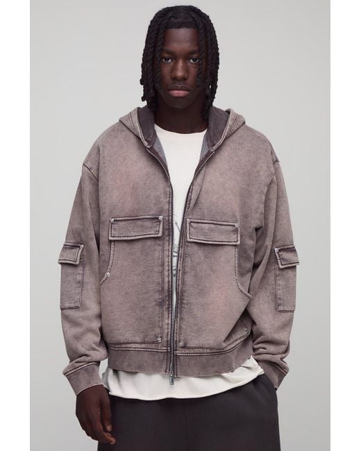Coffee Oversized Boxy Carpenter Zip Through Hoodie Boohoo de color Gray