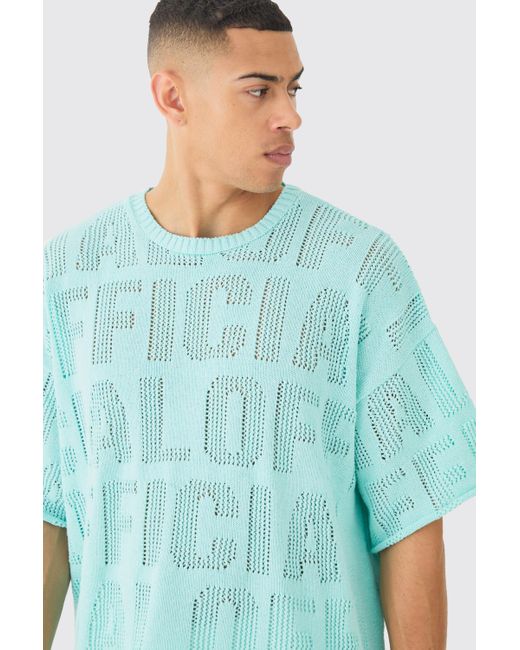 BoohooMAN Oversized Branded Open Stitch T-shirt In Light Blue for men