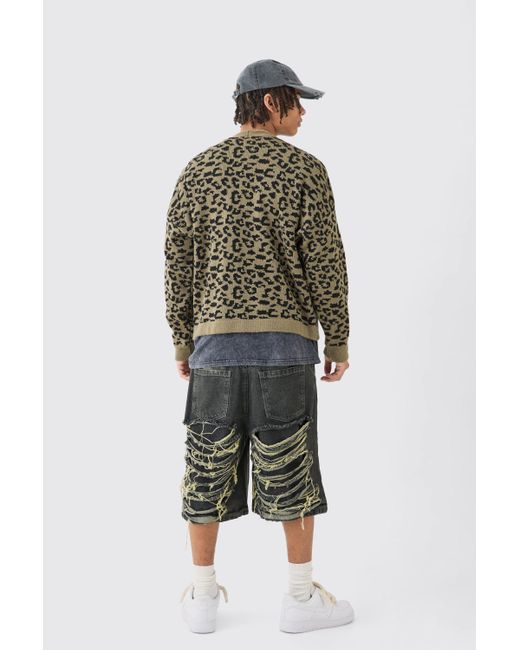 BoohooMAN Green Boxy Oversized Brushed Leopard All Over Jacquard Cardigan for men