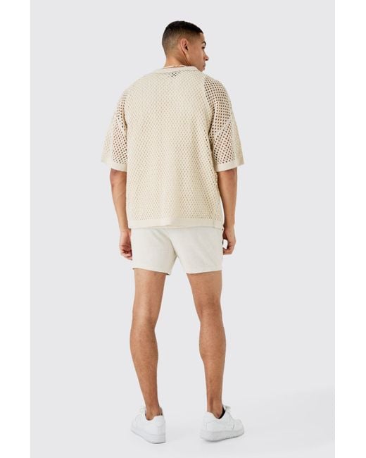 BoohooMAN Natural Oversized Boxy Fit Crochet Shirt In Stone for men