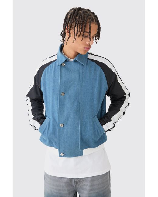 BoohooMAN Blue Denim And Nylon Hybrid Layered Boxy Jacket With Tape Detail for men