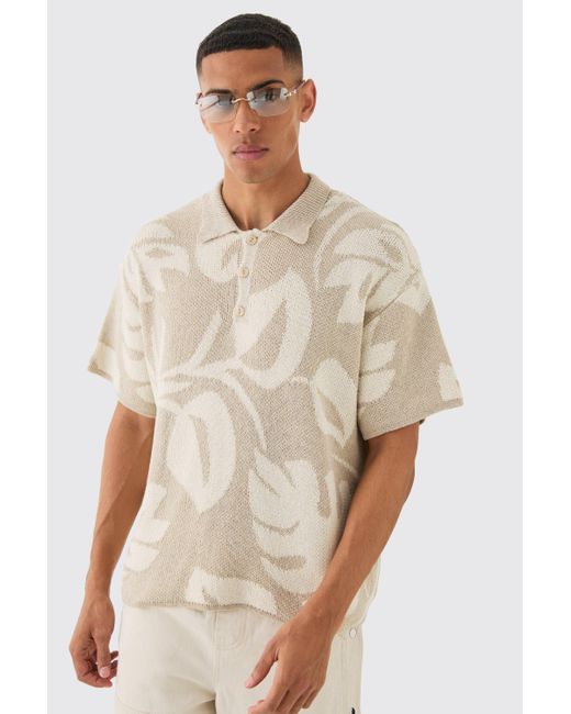 BoohooMAN Oversized Boxy Tonal Jacquard Floral Knit Polo in Natural für Herren