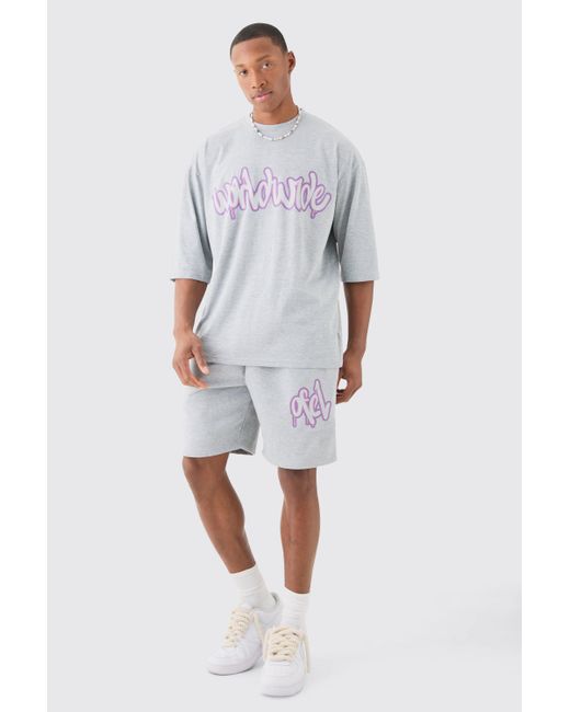 BoohooMAN Gray Oversized Worldwide Half Sleeve T-shirt And Short Set for men