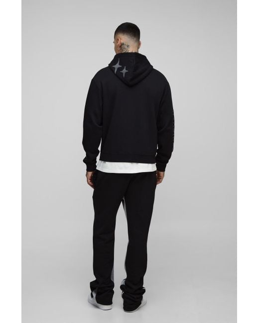 BoohooMAN Black Tall Oversized Boxy Worldwide Puff Print Zip Through Hoodie for men