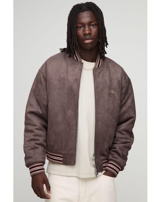 BoohooMAN Men's Brown Boxy Fit Suede Chunky Rib Embroidered Bomber