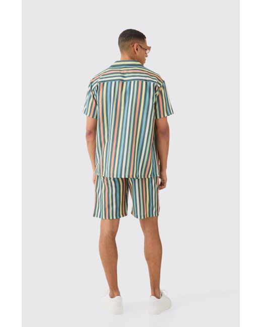 BoohooMAN Short Sleeve Oversized Revere Stripe Shirt in Blue für Herren