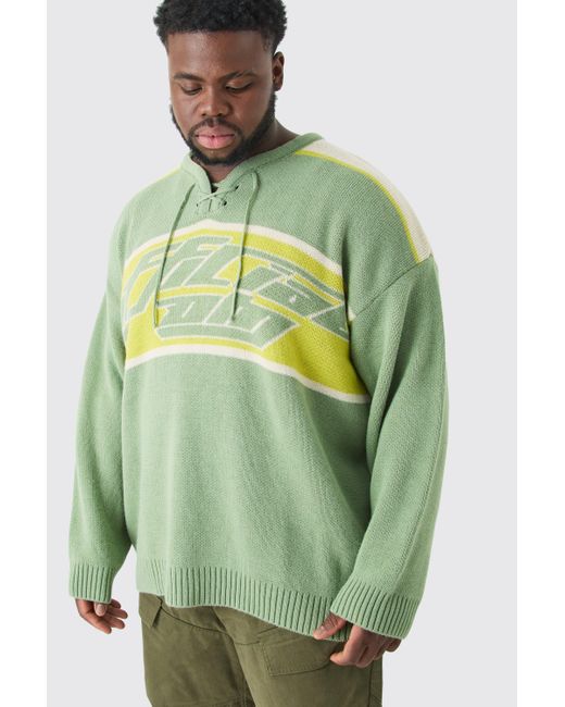BoohooMAN Green Plus Oversized Knitted Hockey Top With Tie Detail for men