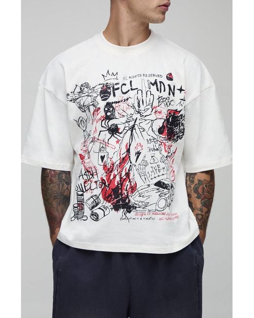 BoohooMAN Gray Oversized Boxy Ofcl Printed T-Shirt for men