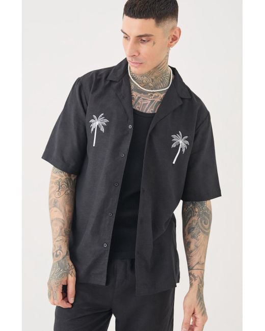 BoohooMAN Tall Linen Embroidered Drop Revere Shirt In Black for men