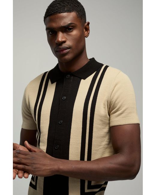 BoohooMAN Black Regular Fit Border Stripes Colour Block Knitted Shirt for men