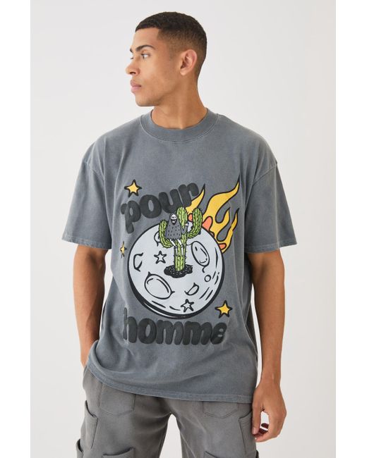 BoohooMAN Gray Oversized Extended Neck Space Puff Print T-shirt for men