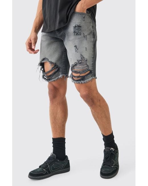 BoohooMAN Blue Relaxed Rigid Long Length Ripped Denim Shorts In Washed Black for men