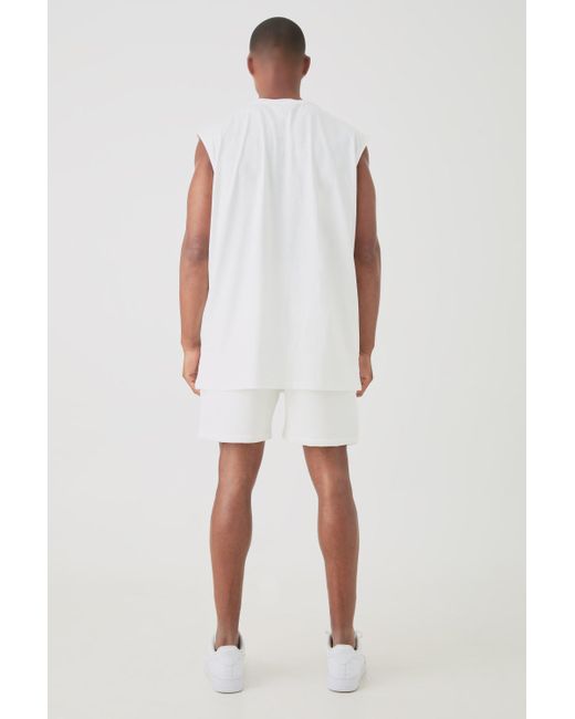 BoohooMAN Oversized Man Flock Printed vest & Short Set in White für Herren