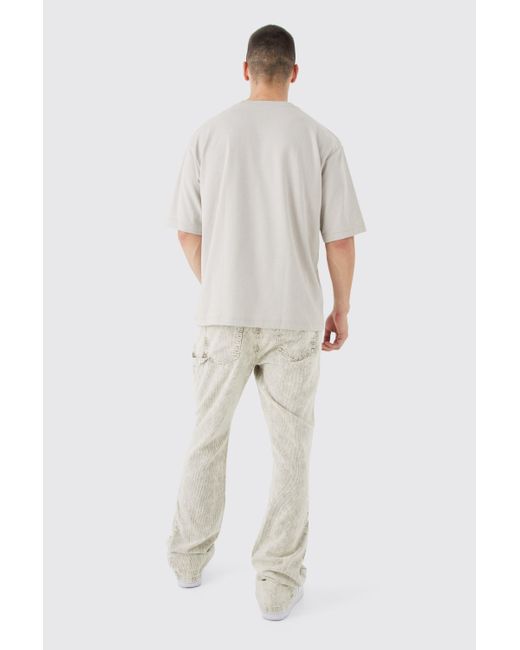 BoohooMAN White Tall Slim Flare Colour Block Acid Wash Cord Trouser for men