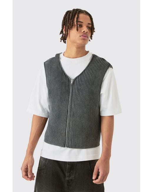 BoohooMAN Gray Boxy Acid Wash Ribbed Knit Gilet In Black for men