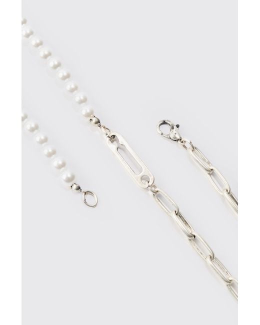 BoohooMAN Pearl & Chain Necklace In Silver in White für Herren