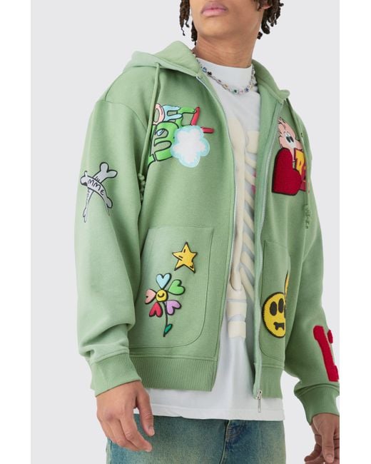 BoohooMAN Green Oversized Zip Through Embroidered Spray Hoodie for men