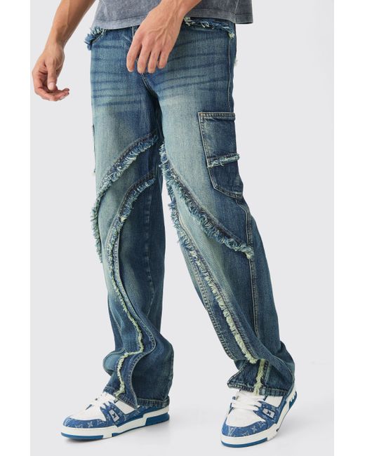 BoohooMAN Baggy Distressed Panelled Cargo Jeans In Mid Blue für Herren