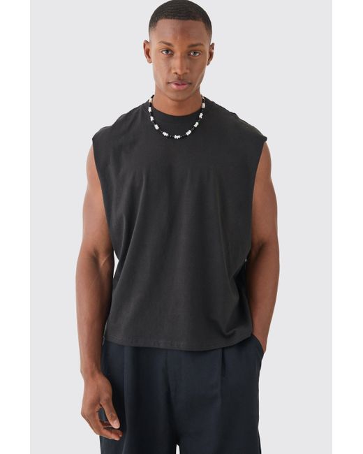 BoohooMAN Black Oversized Boxy Cropped Line Rose Tank for men